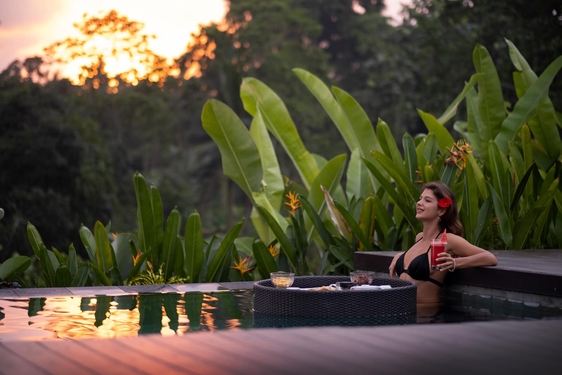 Signature floating breakfast in private pool at Tegaltis Villas Ubud